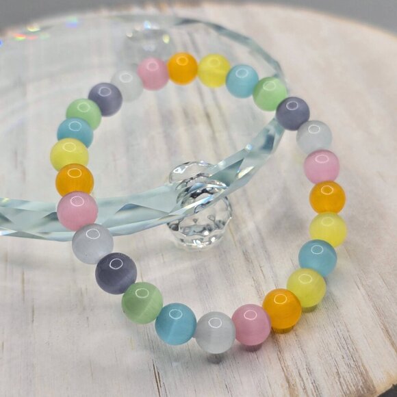 Handmade Cat’s Eye Crystal Bracelet ✦ Multicolor 8mm Beads ✦ Stretch-Fit Boho - Picture 5 of 11